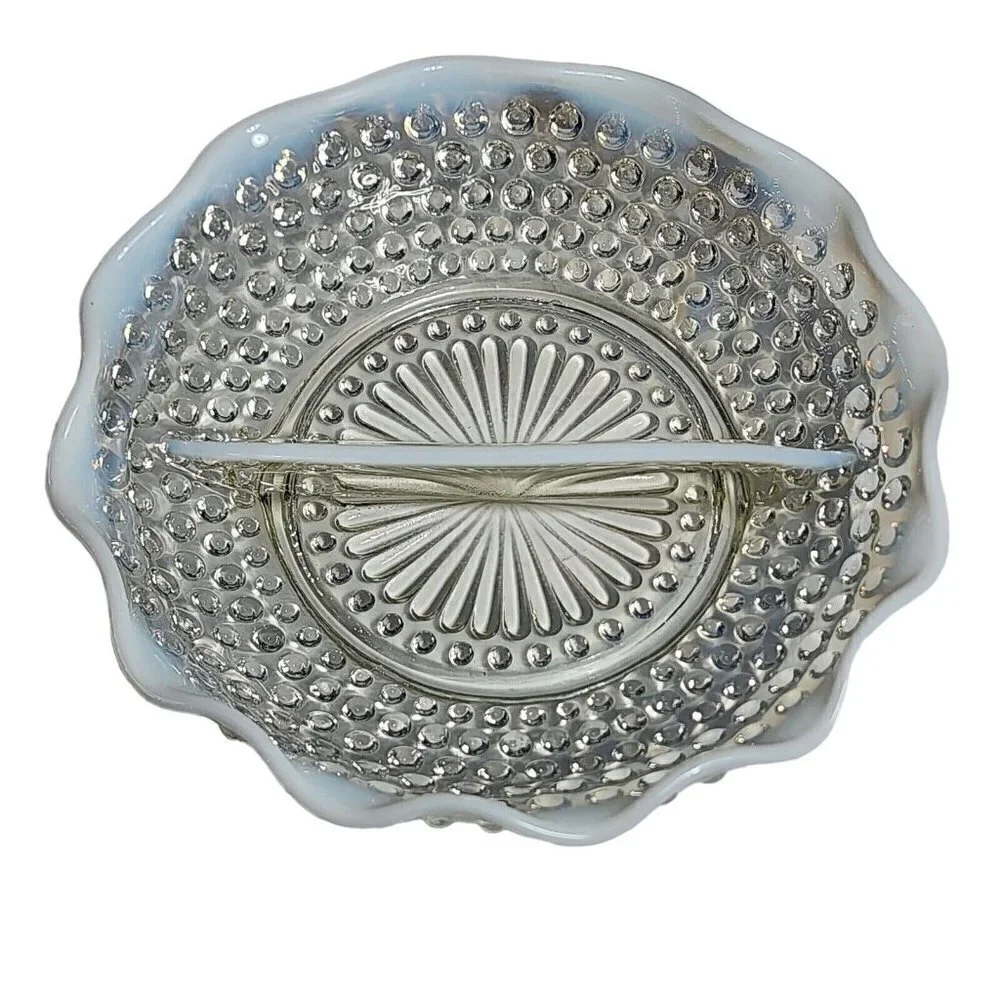 Moonstone Pattern Glass Ruffled Divided Relish with Opalescent Blue Hobnail VTG